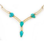 A gold and turquoise necklace, pendant length 9.5cm, necklace length 45cm Wt.11.8g.