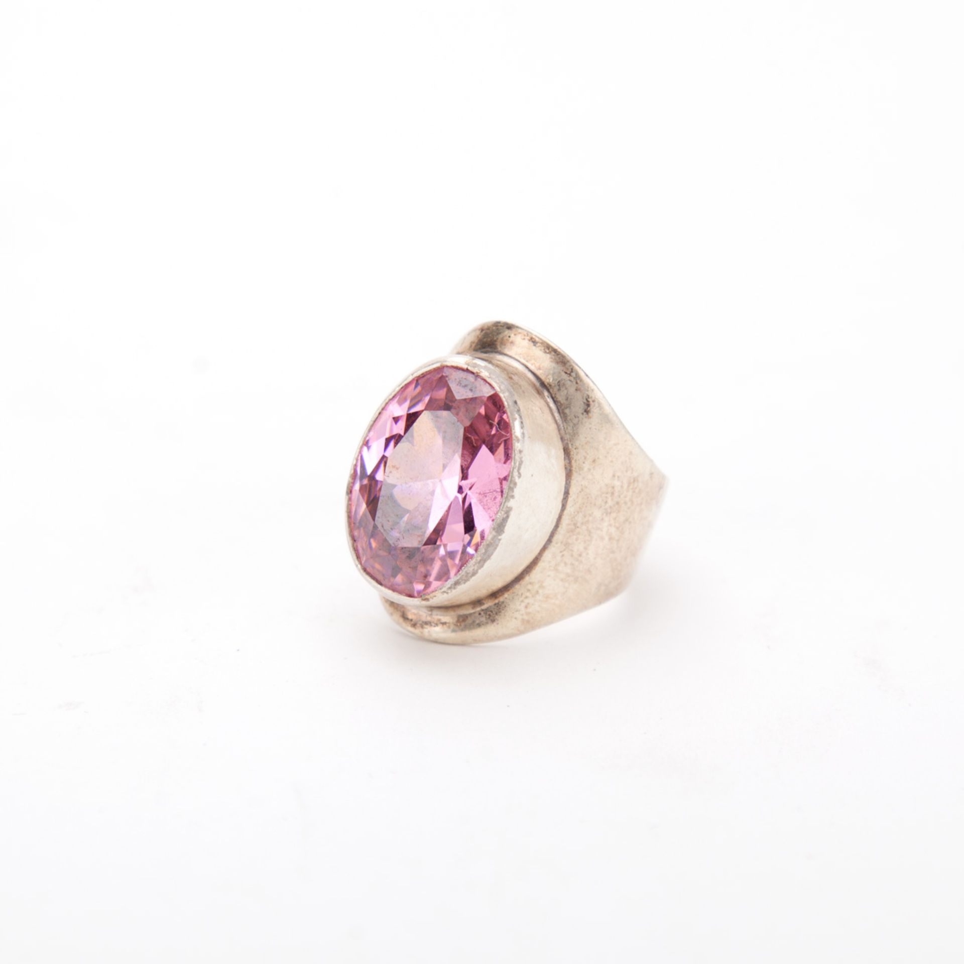 White Metal Stamped 925 Cuff Ring - Pink Stone - Image 2 of 3