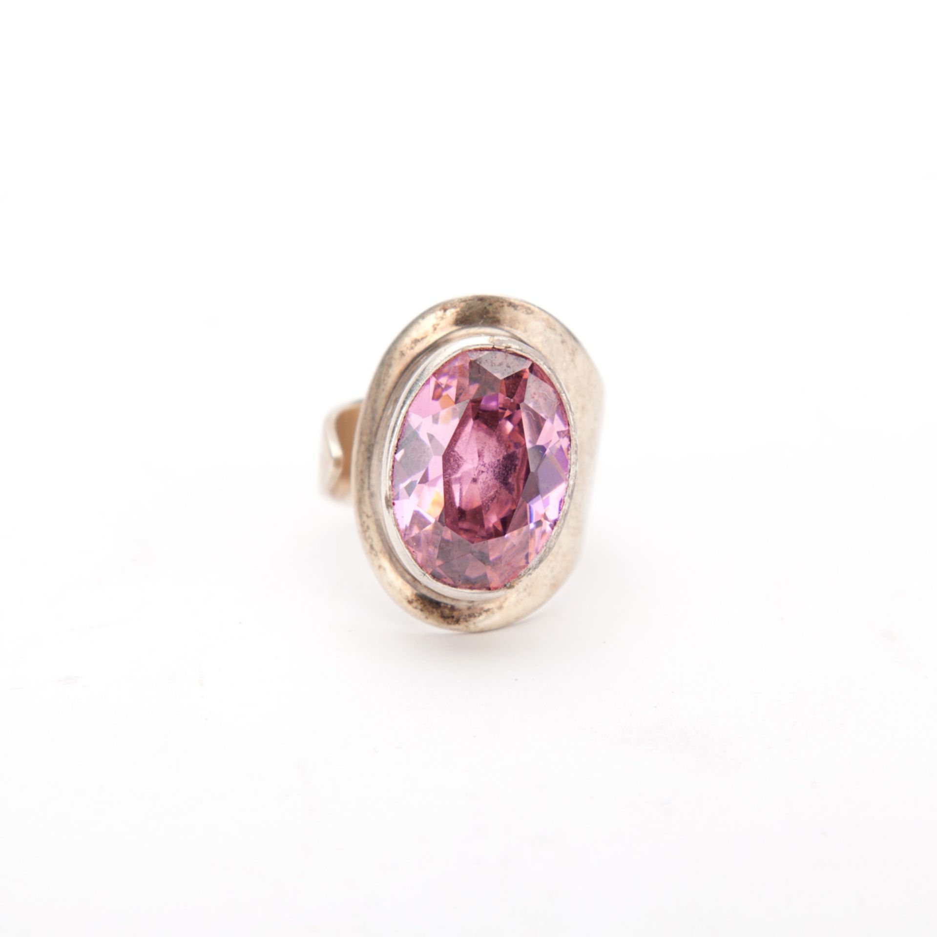 White Metal Stamped 925 Cuff Ring - Pink Stone