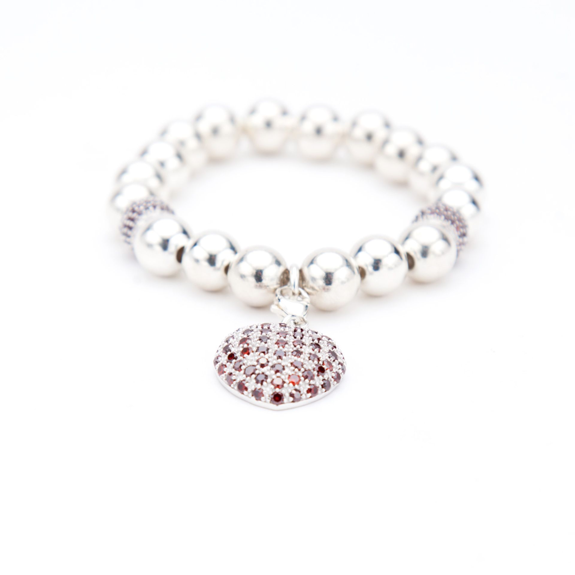 Silver Beads Bracelet with Red CZ Heart