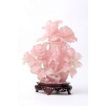 Rose Quartz Kwan Yin Carved Tree and Birds on Wooden Base