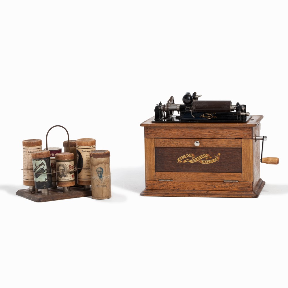 Thomas A. Edison, Mechanical ‘Edison Shaving Machine’, c. 1905  Wooden box, cast iron, metal, - Image 12 of 12