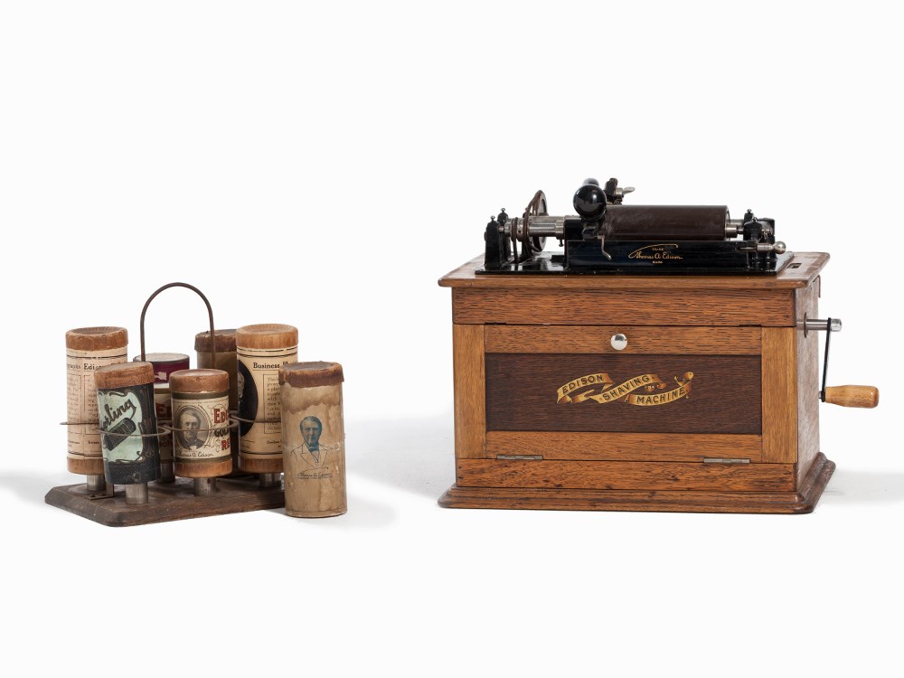 Thomas A. Edison, Mechanical ‘Edison Shaving Machine’, c. 1905  Wooden box, cast iron, metal,