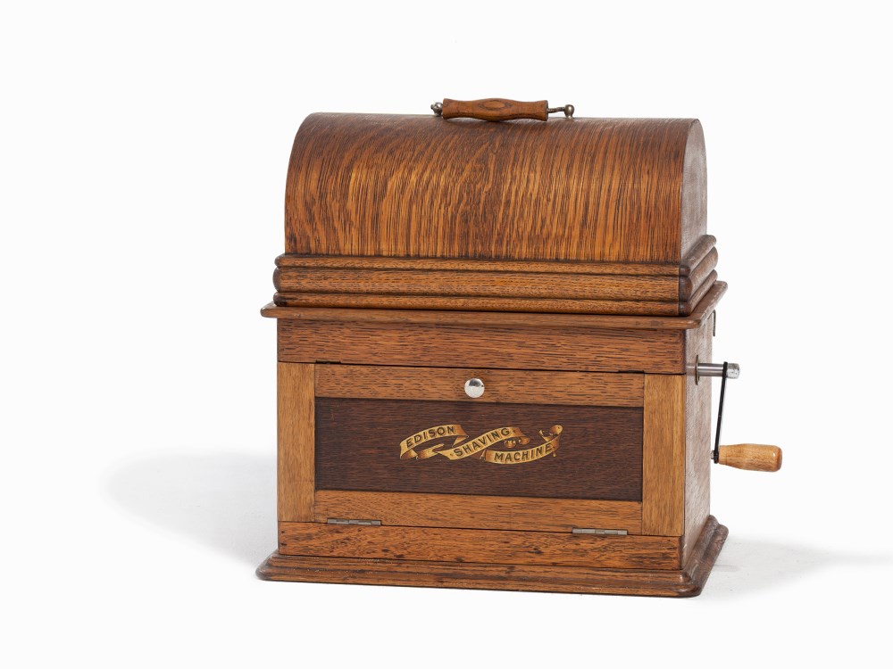 Thomas A. Edison, Mechanical ‘Edison Shaving Machine’, c. 1905  Wooden box, cast iron, metal, - Image 8 of 12