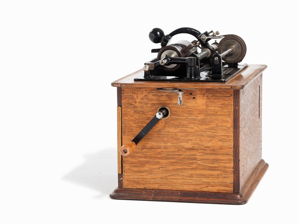 Thomas A. Edison, Mechanical ‘Edison Shaving Machine’, c. 1905  Wooden box, cast iron, metal, - Image 6 of 12