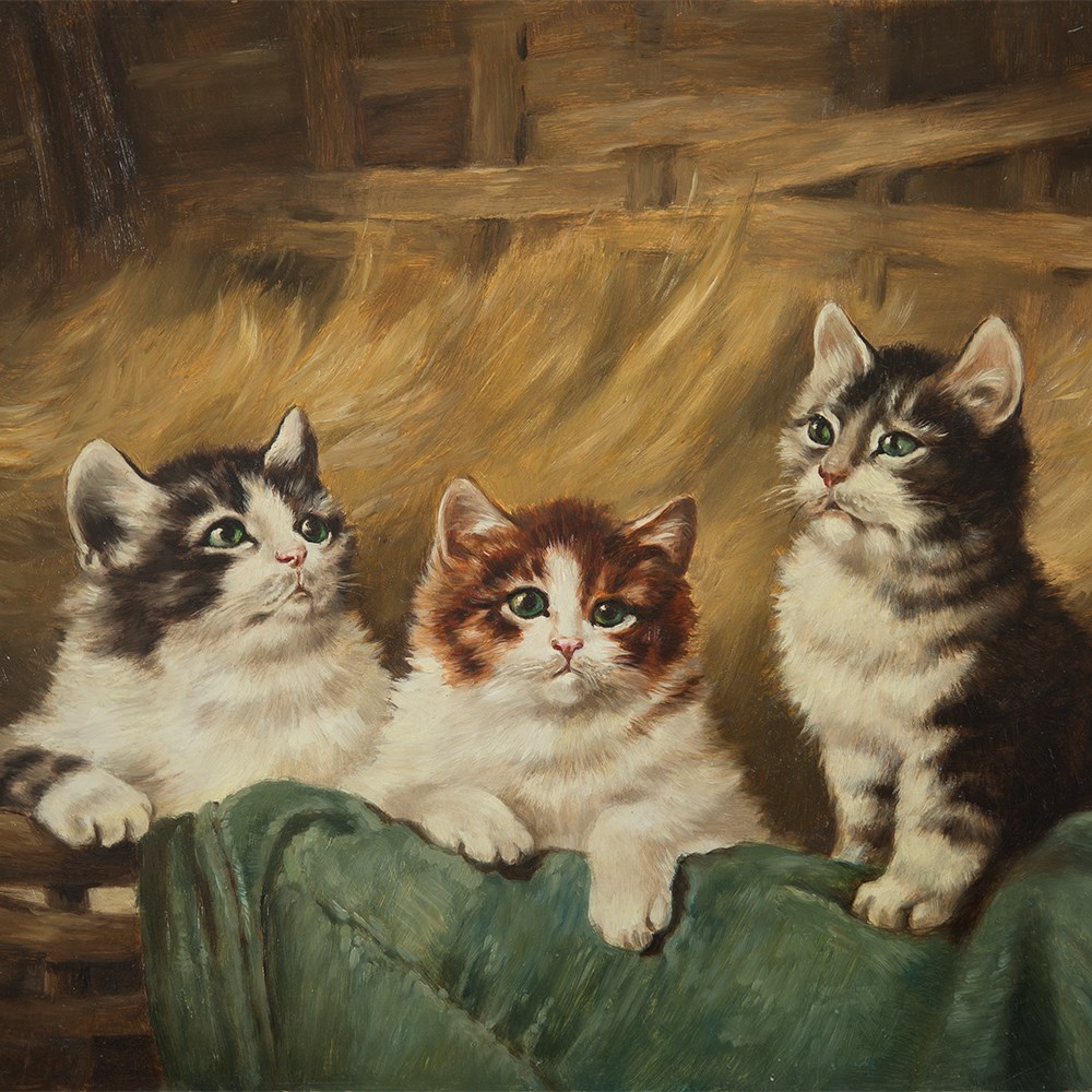 Oil Painting “Three Kittens in Straw”, Mayer, Germany, 20th C.  Oil on copper plate Germany, 20th - Image 7 of 7