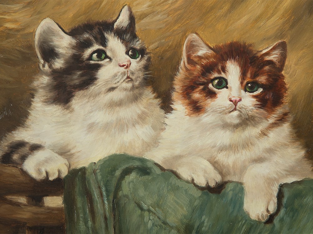 Oil Painting “Three Kittens in Straw”, Mayer, Germany, 20th C.  Oil on copper plate Germany, 20th - Image 4 of 7