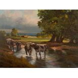 P. Hendriks ‘Cows at Water’, Painting, 20th Century  Oil on canvas The Netherlands, 20th Century