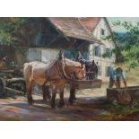 Oil painting „Horses at the trough“ by Hans Nickel, around 1960  Oil on canvas Germany, around