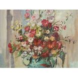 Oil Painting “Flowers in a Jug”, G. Frühmesser, late 20th C.  Oil on cardboard Germany, late 20th