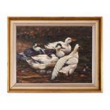 Adolf Lohmann, Oil Painting, Ducks on the Pond, circa 1950  Oil on canvas on cardboard Germany,