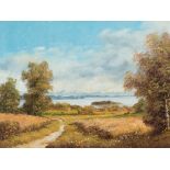 Painting “Farms at the Chiemsee”, Frühmesser, late 20th Century  Oil on wood Germany, late 20th