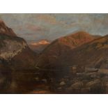 Painting „Fjord in Twilight“, Adolf G. Schweitzer, around 1880   Oil on paper, mounted on wood
