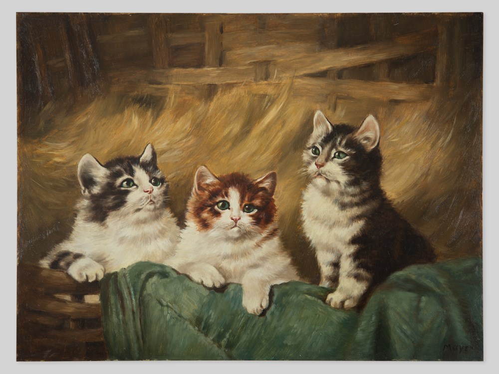 Oil Painting “Three Kittens in Straw”, Mayer, Germany, 20th C.  Oil on copper plate Germany, 20th - Image 2 of 7