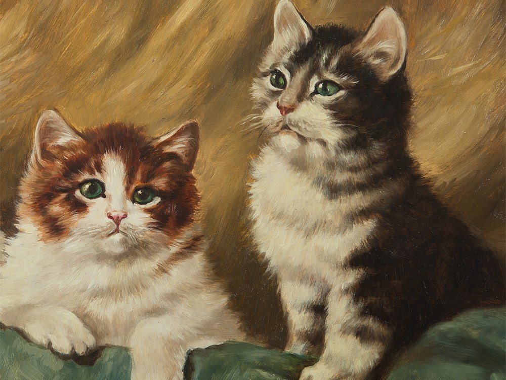 Oil Painting “Three Kittens in Straw”, Mayer, Germany, 20th C.  Oil on copper plate Germany, 20th - Image 5 of 7