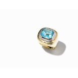 14K Cocktail Ring with a Central Blue Octagon Cut Topaz  585 yellow and white gold  Europe, 20th