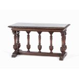 Italian Renaissance Table, Walnut, 17th and 19th C.  Solid walnut, carved and turned, lacquered