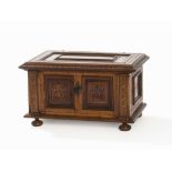 Chest with Floral Inlays and Iron Lock, 18th C.  Oak, walnut and various fruit woods, iron