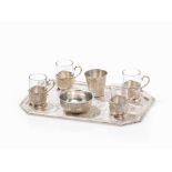 Persian Silver Tea Set with Tray, 7 Pieces, 20th Century  875 silver, silver plated metal, glass