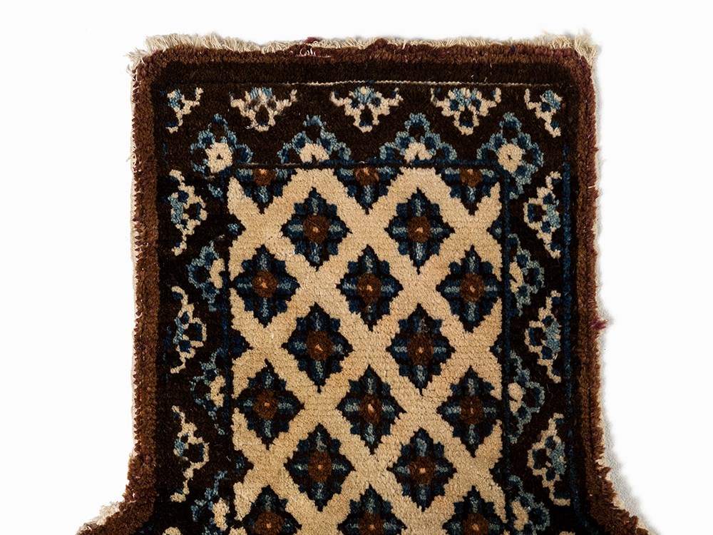 Saddle Carpet of Wool with Stylized Bats, Mongolia, 20th C.  Wool, leather  Mongolia, 20th century - Image 2 of 10