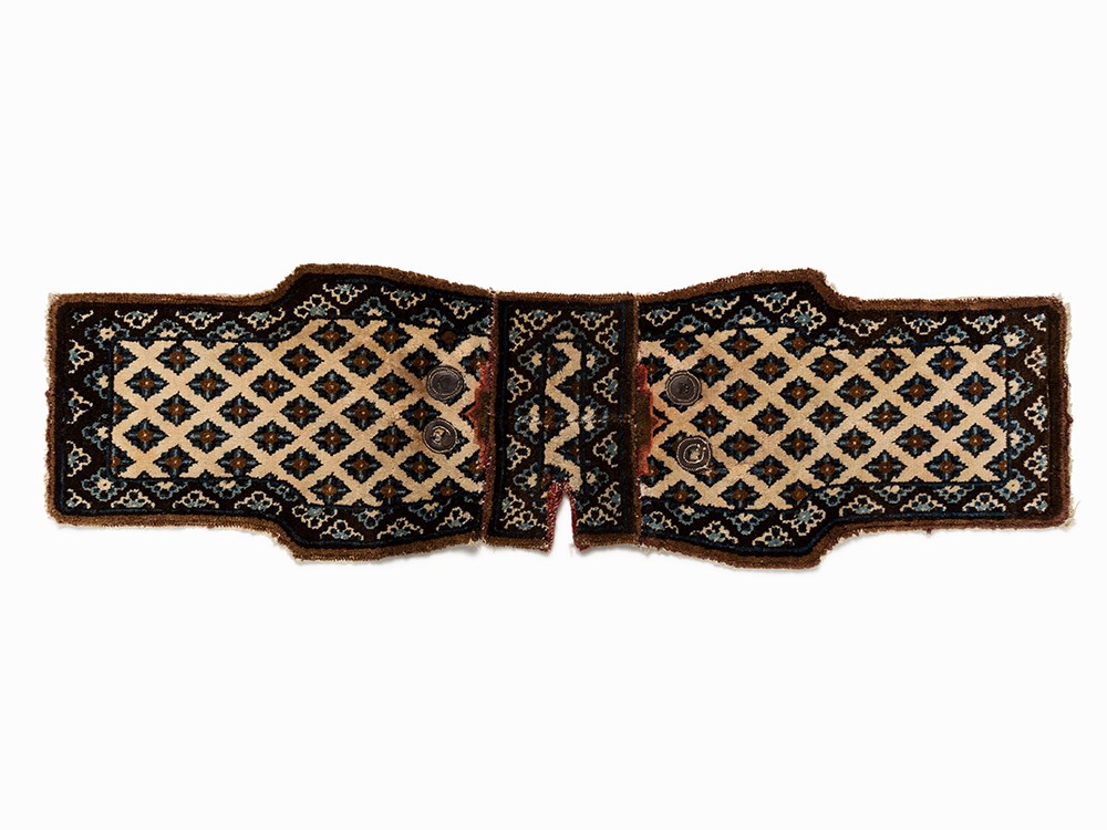 Saddle Carpet of Wool with Stylized Bats, Mongolia, 20th C.  Wool, leather  Mongolia, 20th century