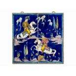 Large Persian Qajar Tile Element with Polo Players, 19th C.  Ceramic, polychrome painter and