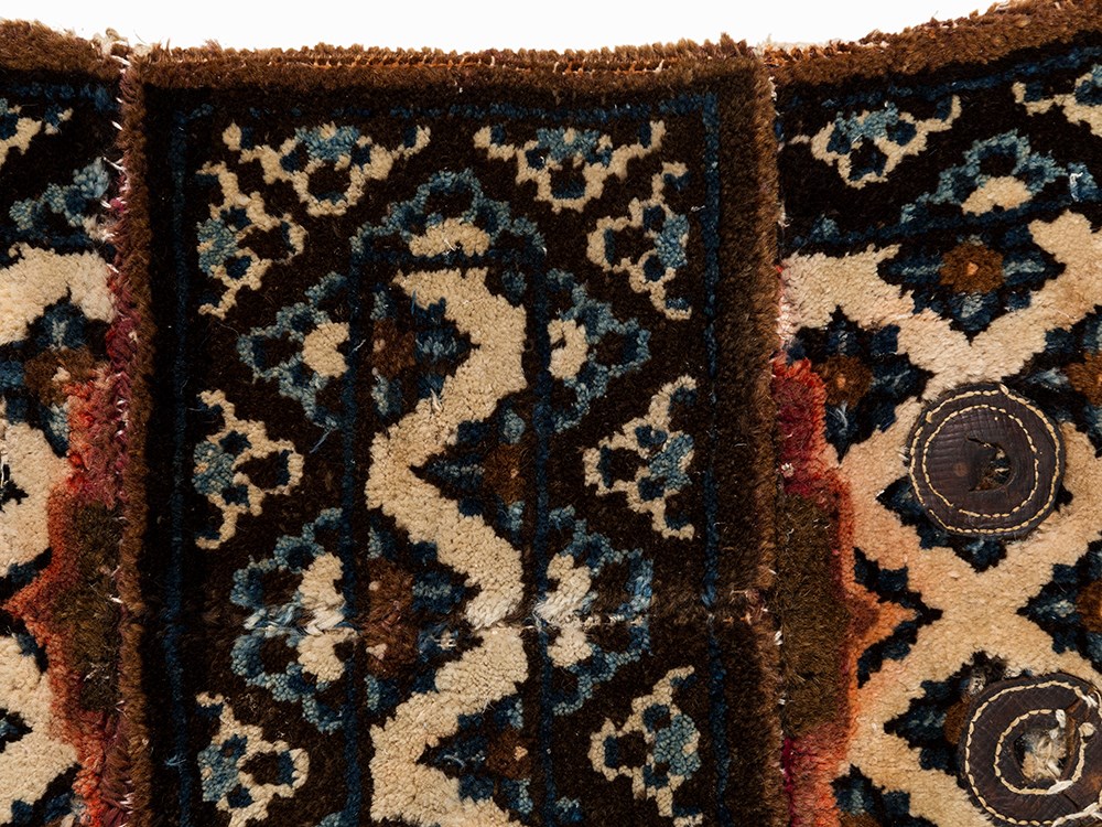 Saddle Carpet of Wool with Stylized Bats, Mongolia, 20th C.  Wool, leather  Mongolia, 20th century - Image 4 of 10