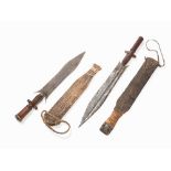 Fang, 2 Knives with Sheaths, Gabon, c. 1900  Iron, wood, reptile skin, bark, brass and copper wire