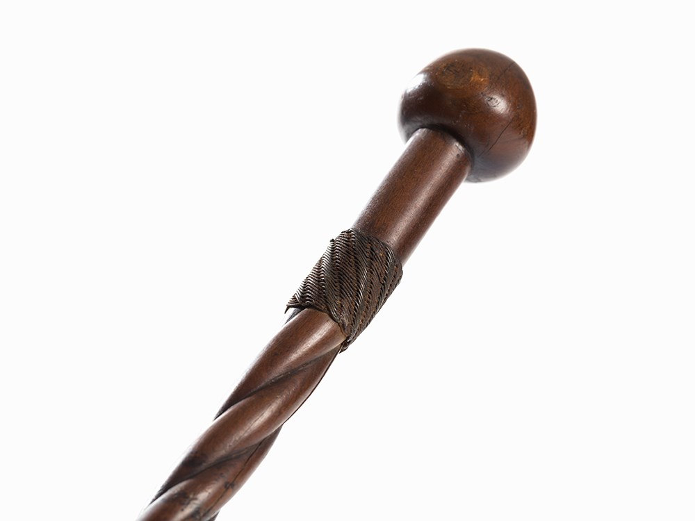 Zulu, Collection of 3 Staffs, South Africa, 19th C.  Wood, brass, reptile skin  Zulu peoples, - Image 3 of 9