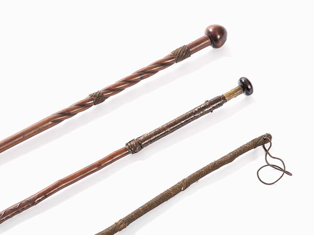 Zulu, Collection of 3 Staffs, South Africa, 19th C.  Wood, brass, reptile skin  Zulu peoples, - Image 2 of 9