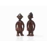 Yoruba, Pair of ‘Ibeji’ Twin Figures, Nigeria, Early 20th C.  Wood with blue and red encrusted