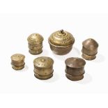 Asante, Collection of 6 Gold Dust Boxes in Brass, c. 1920  Brass Asante peoples, Ghana, circa 1920