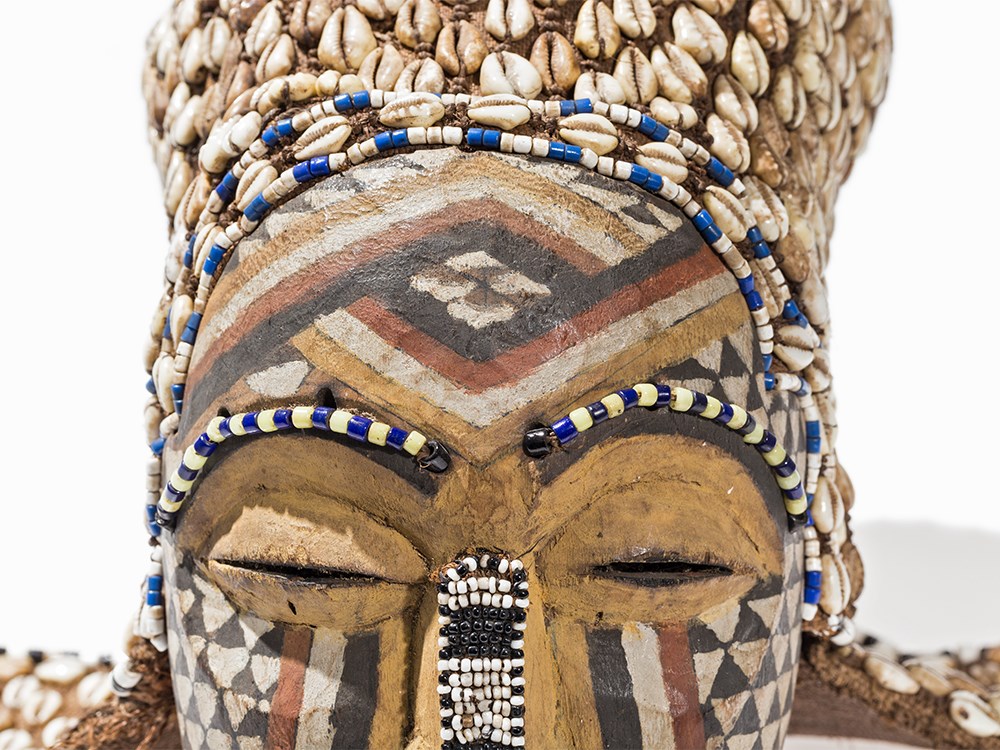 Kuba, ‘Ngady Amwaash’ Mask, D. R. Congo  Wood, glass beads, cowrie shells, raffia, pigment  Bushoong - Image 2 of 11