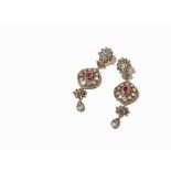 Pair of Earrings with Diamonds and Ruby Cabochons, Gilt Silver  Gilt silver (tested), black enamel