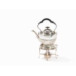 A Silver Teapot on Warmer Stand, Mappin & Webb, England, 1932  Sterling silver, cast, embossed and