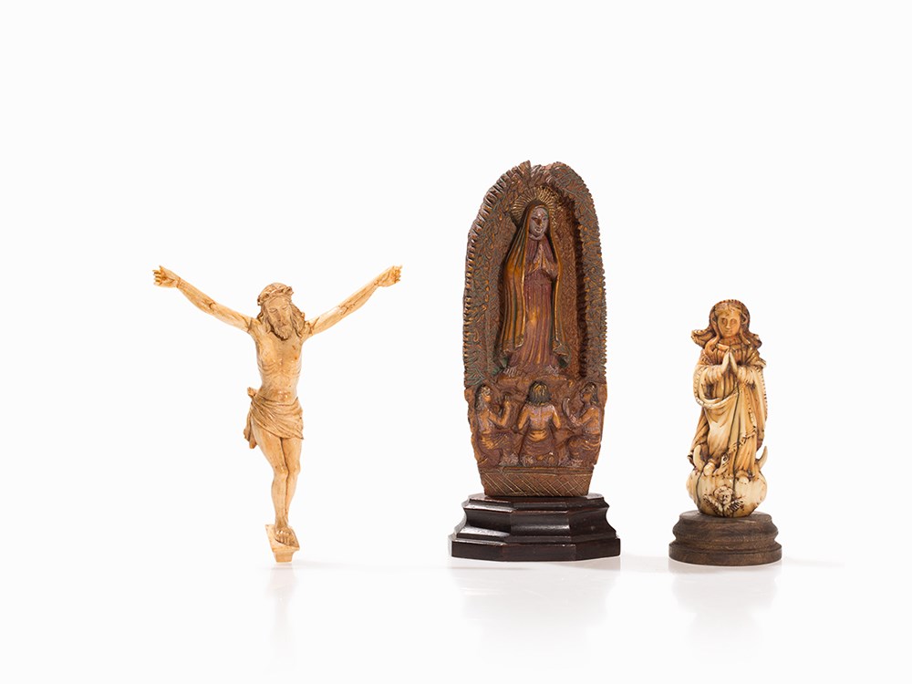 3 Ivory Carvings, Christ & Madonna, Goa, 18th C. Carved ivoryIndia, Goa, 18th centuryDepiction of