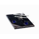 Writing Utensil Tray with Model of a Propeller Aircraft, 1920s Metal, wood, glassFrance,