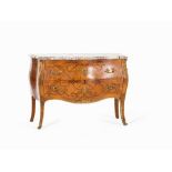 Commode in Louis XV Style with Inlays, France, c. 1950 Walnut, plum and other woods, marbleFrance,