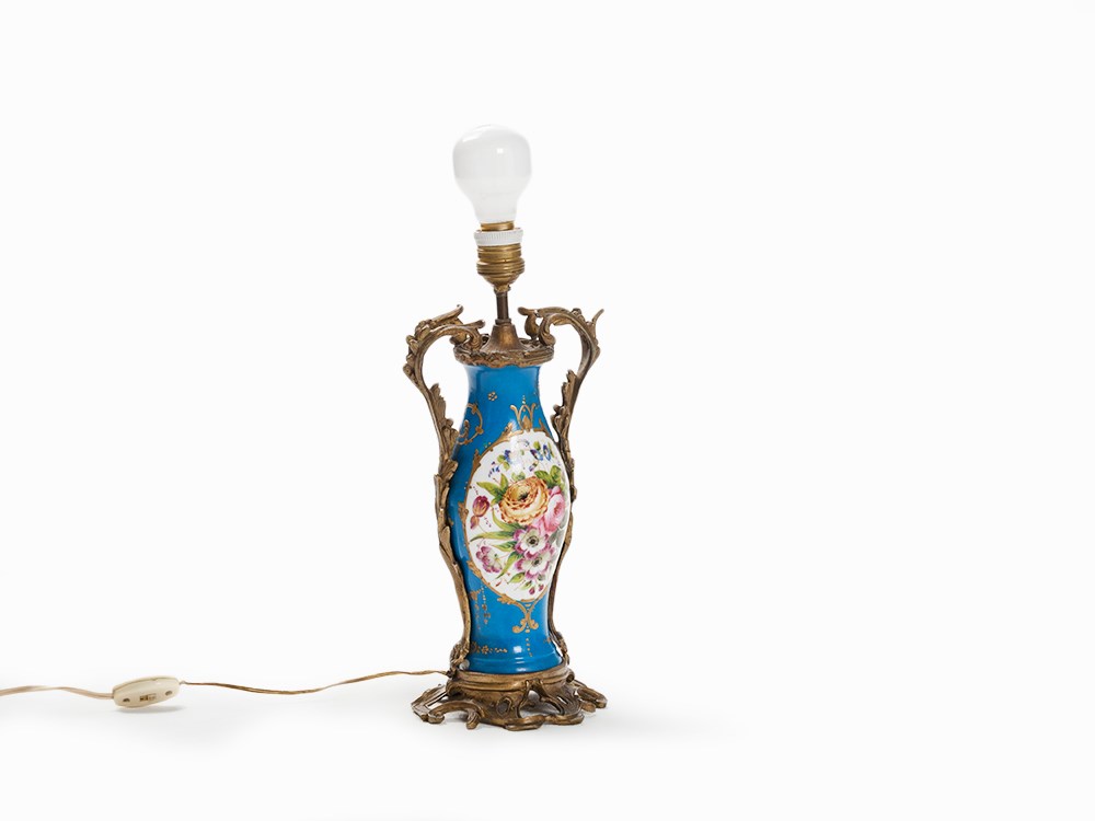 Table Lamp, Porcelain with Bronze Mount, circa 1900 White porcelain with 'Sèvres' blue fond, gold - Image 2 of 7