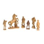 Six Carved Wooden Figures, Tyrol, 1970s Linden wood and walnutTyrol, 1970sHorse, hunter, woodcutter,