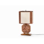 Albert M. Gilles, Art Déco Lamp with Copper Relief, c. 1930 Copper, brass, oak and parchment France,