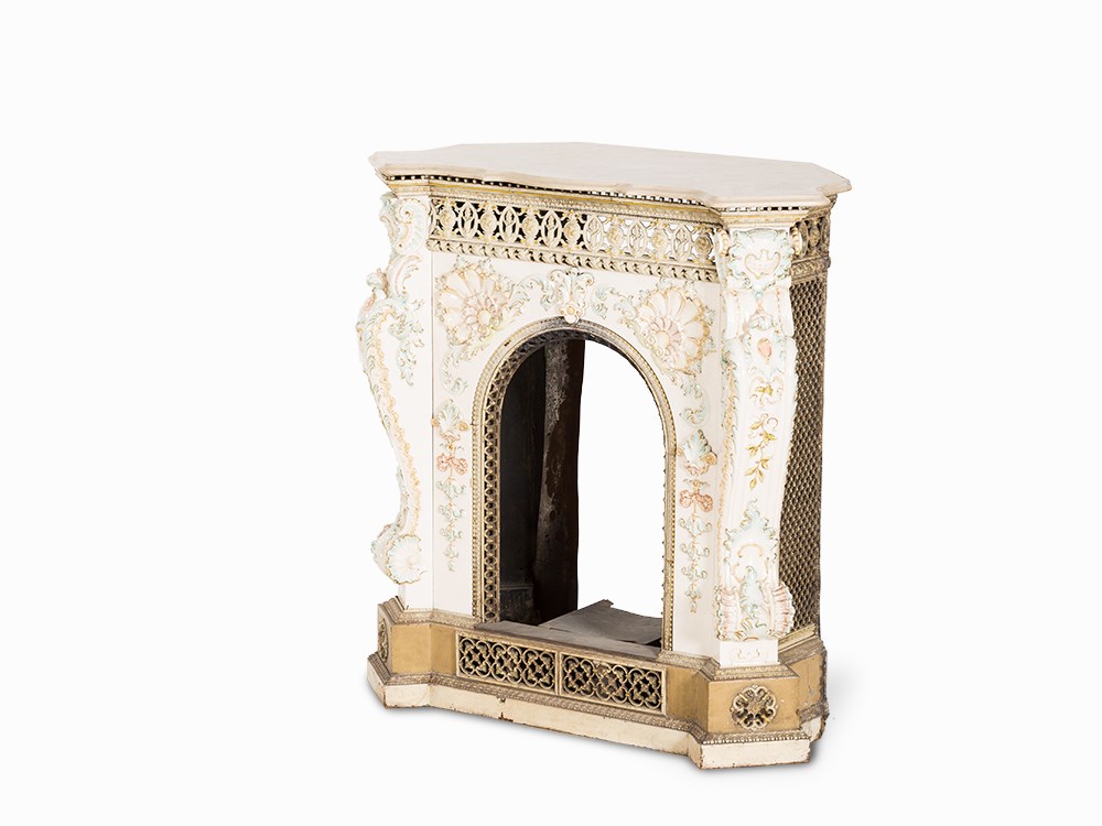 Villeroy & Boch, Corner Fireplace Mantel, Dresden, c. 1880  Earthenware, ivory and pastel glazing, - Image 2 of 9