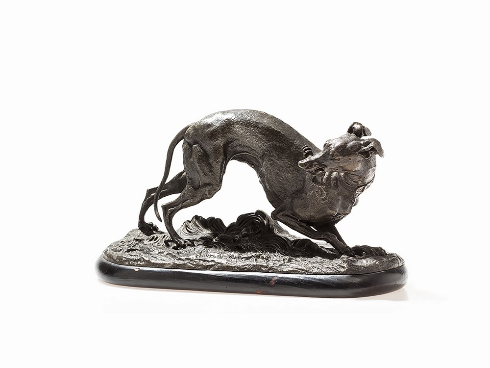 Sculpture of a Greyhound, Presumably France, around 1900 White metal, dark patinaPresumably