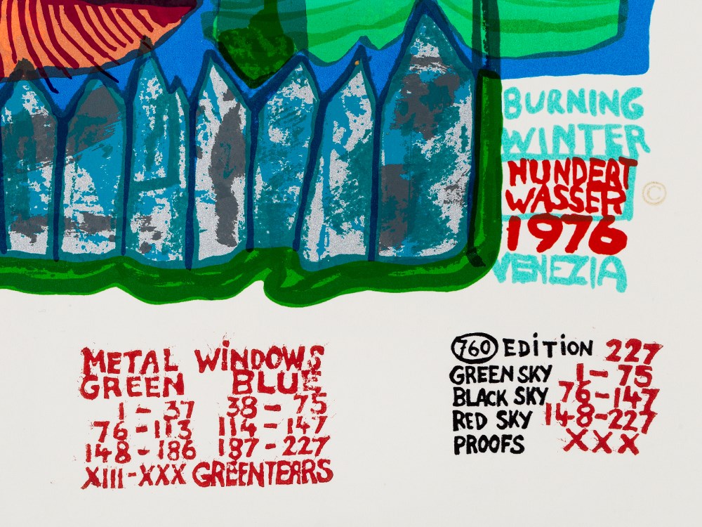 Hundertwasser, Burning Winter (Red Sky), Serigraph, 1976  Serigraph in colors with metallic - Image 3 of 10