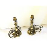 A pair of brass lamps.