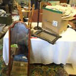 A mixed lot containing two mirrors a selection of wool blankets a barle twist ash tray and a stool.