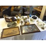 A general selection of items including a tea tray silver plate goblets and others.