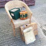 *A wicker chair a boxed Galotta accordian and some sheet music.