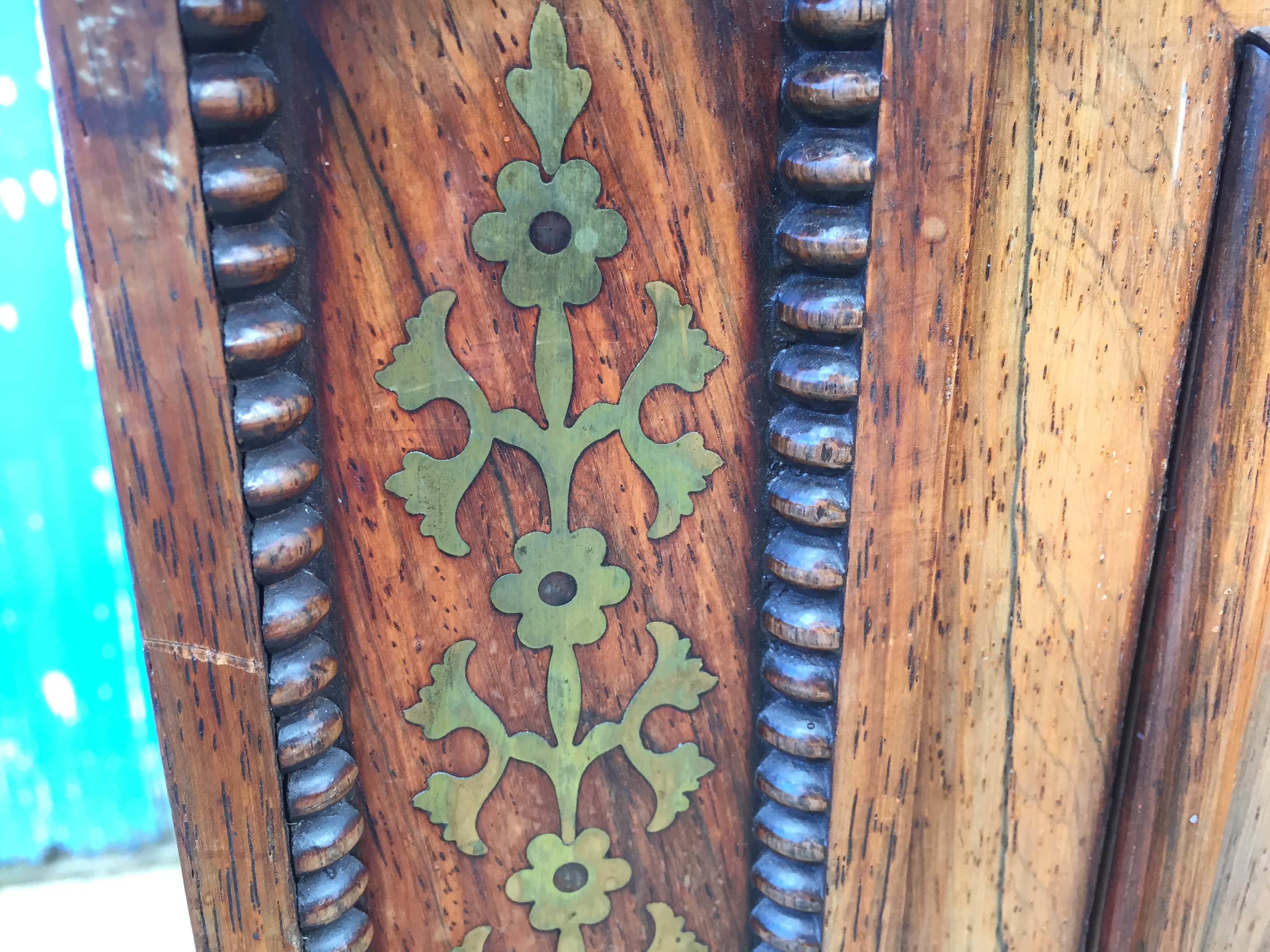 A large bookcase cabinet inlaid with brass and having ratcheted shelves and cupboards below 1220 - Image 5 of 9