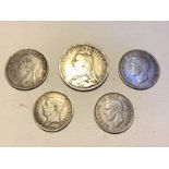 Queen Victoria Crown jubilee head and four other coins including a 1934 20 francs a half crown a